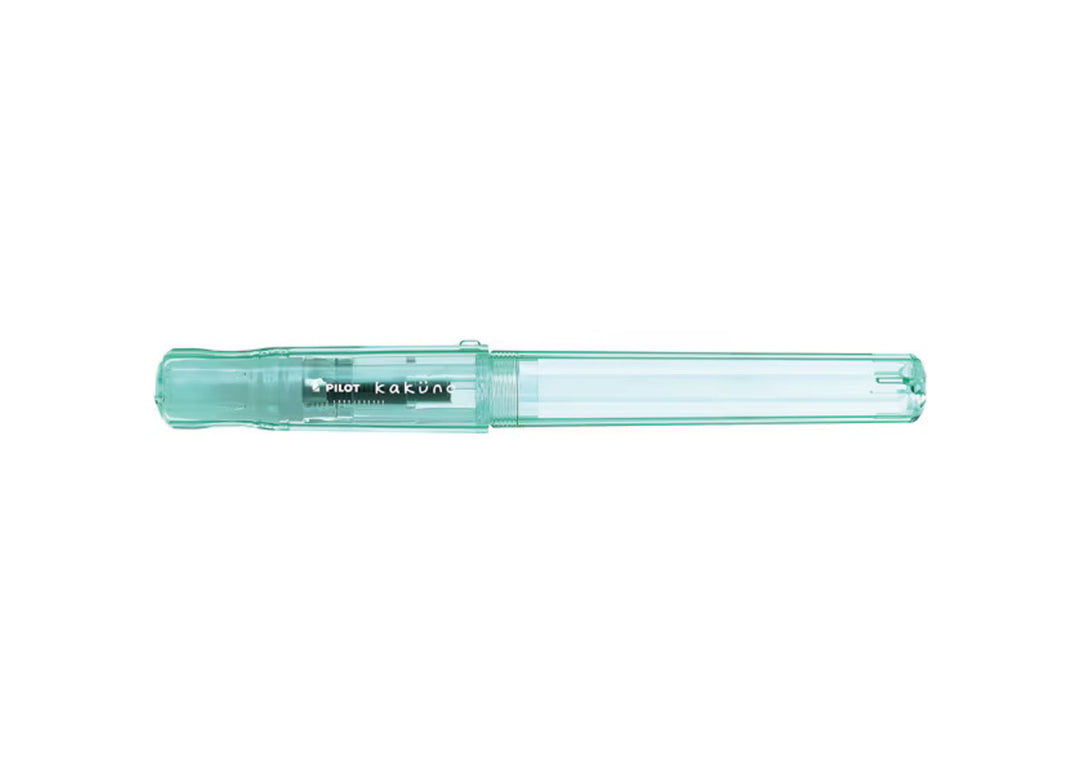 Pilot Kakuno Fountain Pen Transparent Green edition with closed hexagonal cap and translucent lime-green demonstrator body.