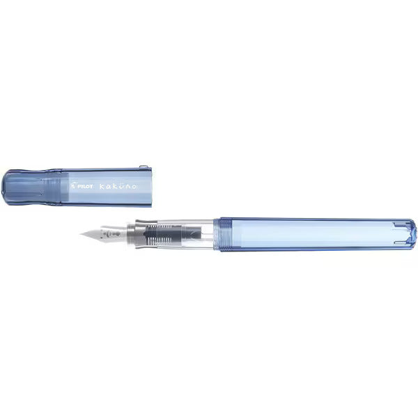 Uncapped Pilot Kakuno Transparent Blue fountain pen showing the steel nib and ergonomic triangular grip section.