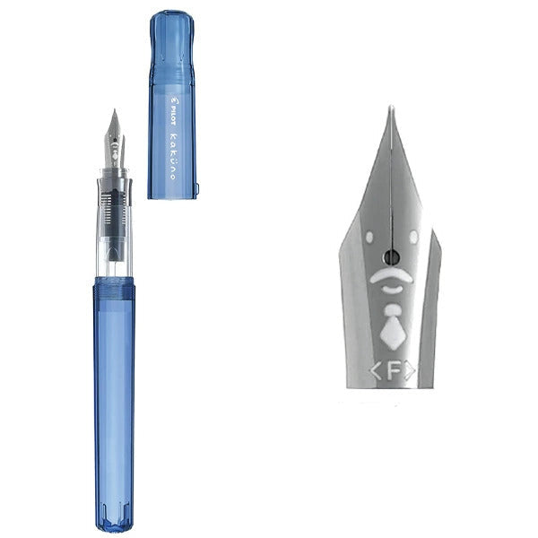 Detail view of the Pilot Kakuno Transparent Blue "Papa" nib featuring a mustache smiley face and necktie engraving on a Fine steel nib.