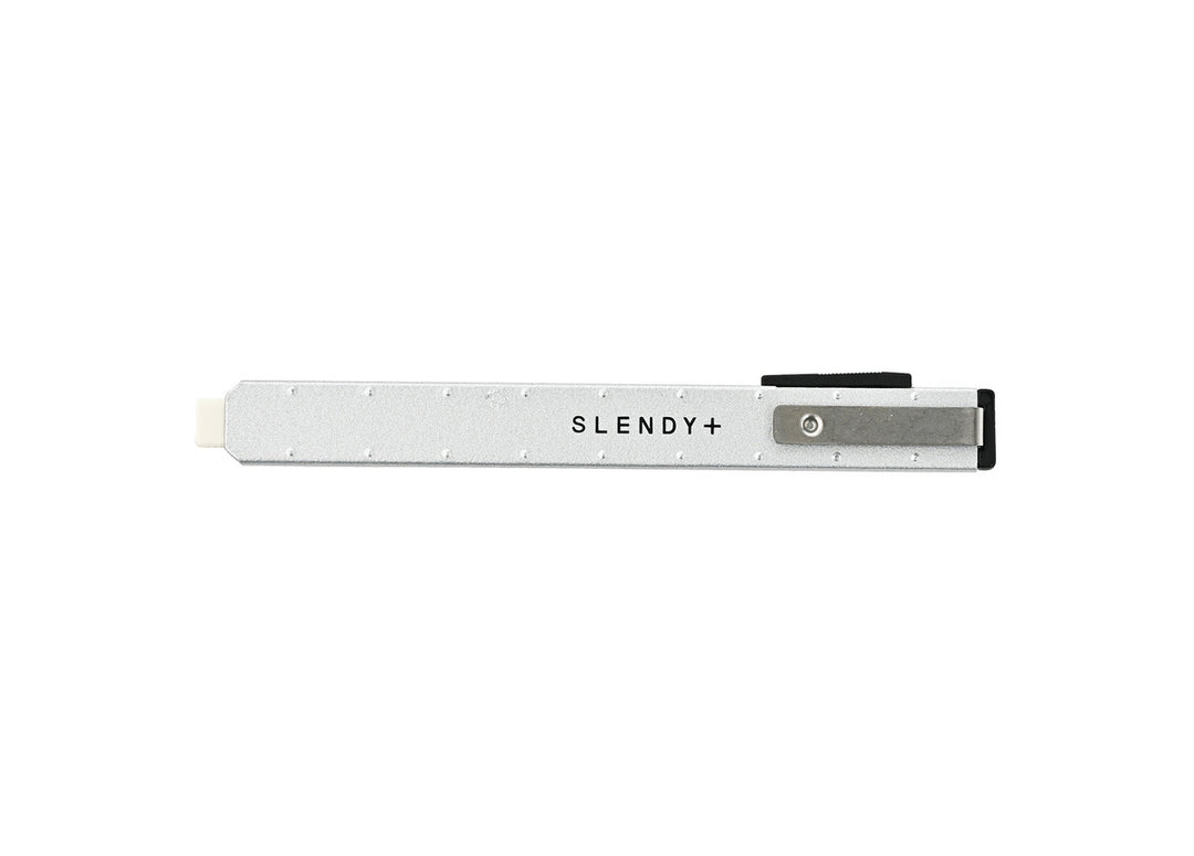 SEED Slendy Plus 2 Slim Holder Eraser in Silver showcasing the pen-style metal holder, integrated clip, and slim rectangular tip.