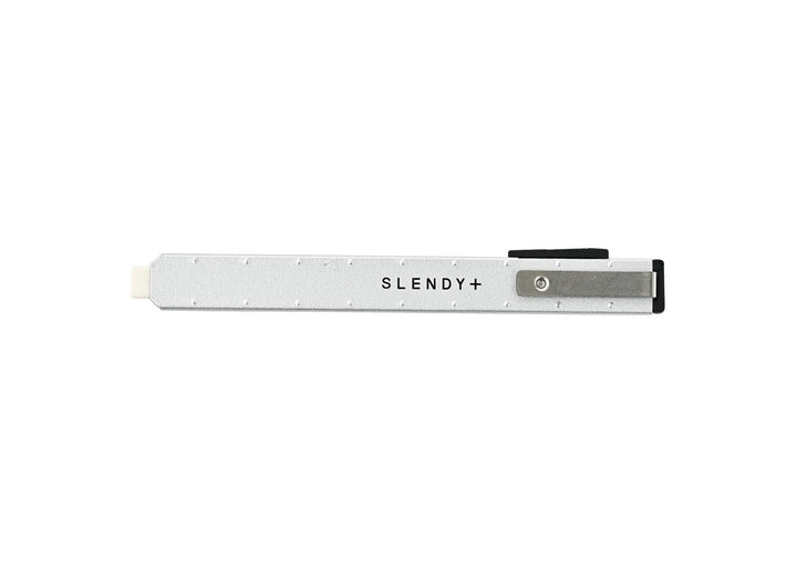 SEED Slendy Plus 2 Slim Holder Eraser in Silver showcasing the pen-style metal holder, integrated clip, and slim rectangular tip.