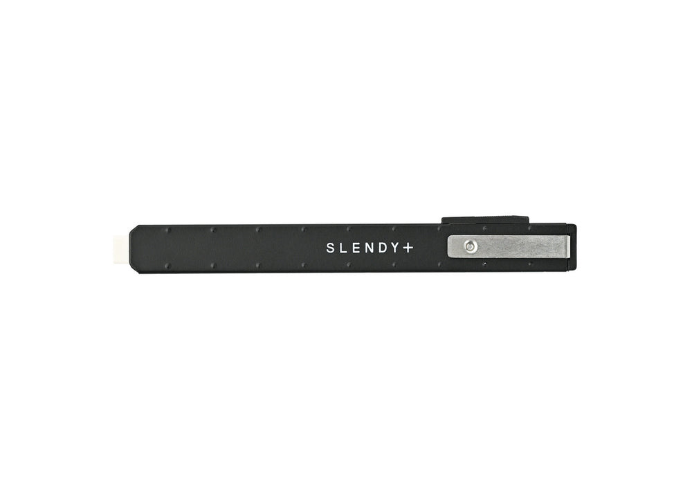 SEED Slendy Plus 2 Slim Holder Eraser in Black showcasing the pen-style metal holder, integrated clip, and slim rectangular tip.