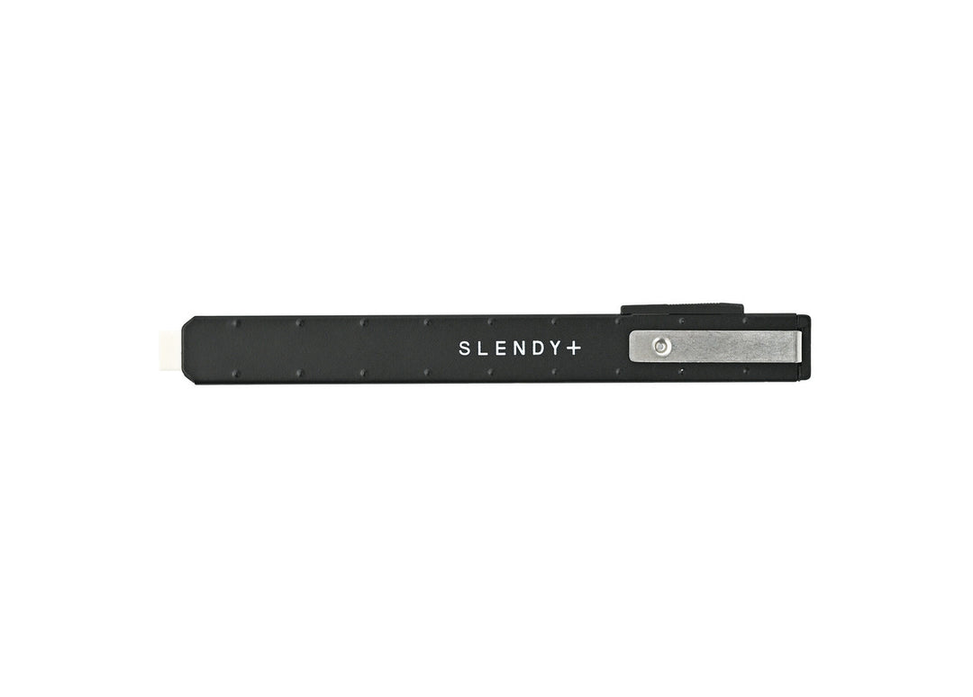 SEED Slendy Plus 2 Slim Holder Eraser in Black showcasing the pen-style metal holder, integrated clip, and slim rectangular tip.