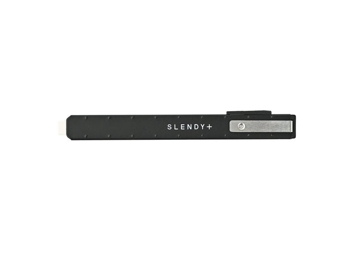 SEED Slendy Plus 2 Slim Holder Eraser in Black showcasing the pen-style metal holder, integrated clip, and slim rectangular tip.