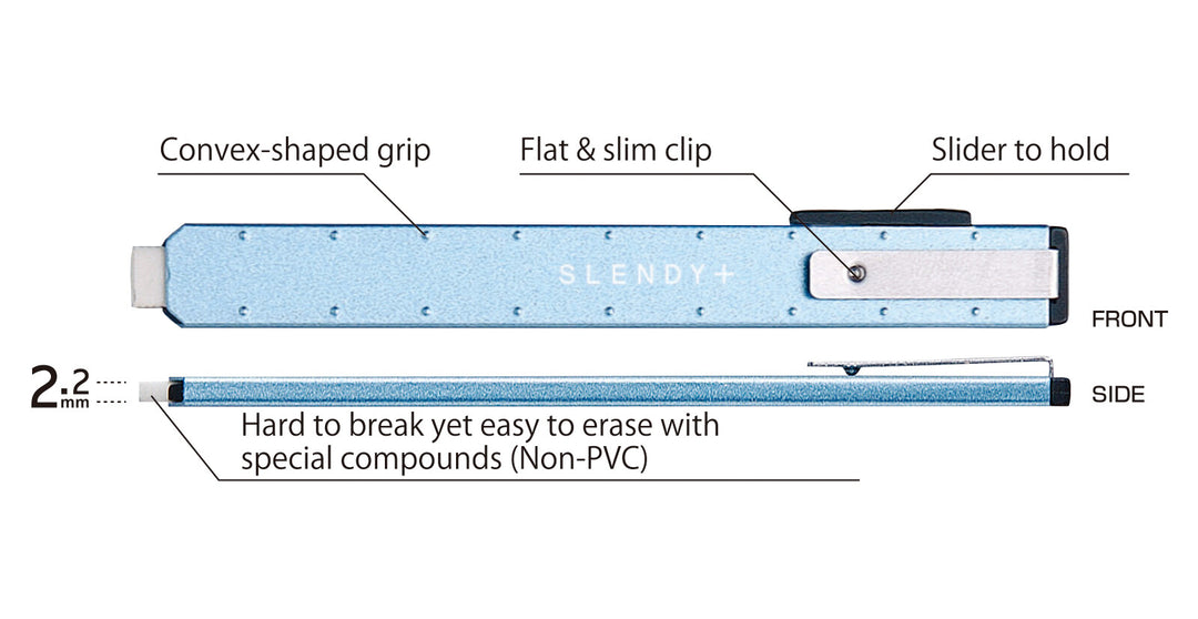 Technical diagram of the SEED Slendy Plus 2 Slim Holder Eraser detailing the sliding mechanism, flat clip, and 2.2mm precision tip.