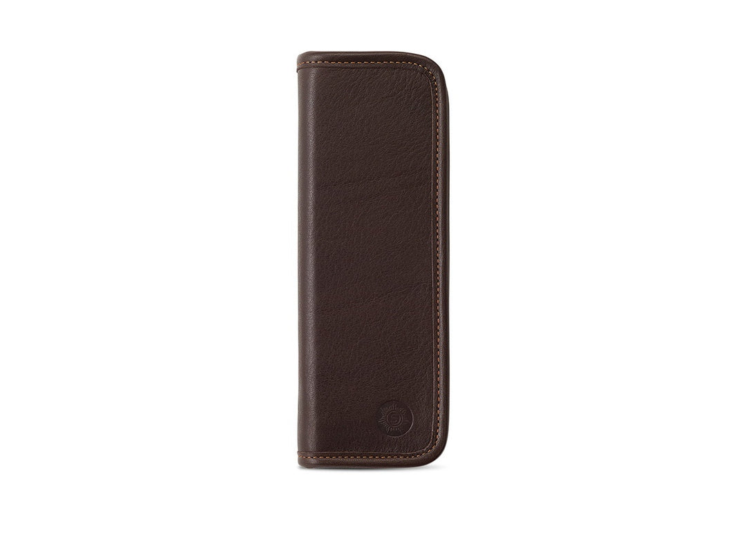 Front exterior view of the Sonnenleder Böll Leather Pencil Case in Mocha Brown, showcasing the rich chocolate tone of pit-tanned South German cowhide and signature embossed logo.