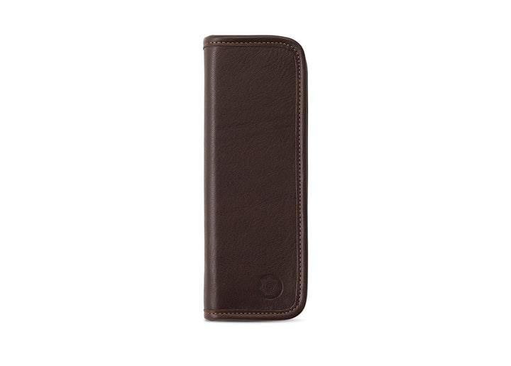 Front exterior view of the Sonnenleder Böll Leather Pencil Case in Mocha Brown, showcasing the rich chocolate tone of pit-tanned South German cowhide and signature embossed logo.