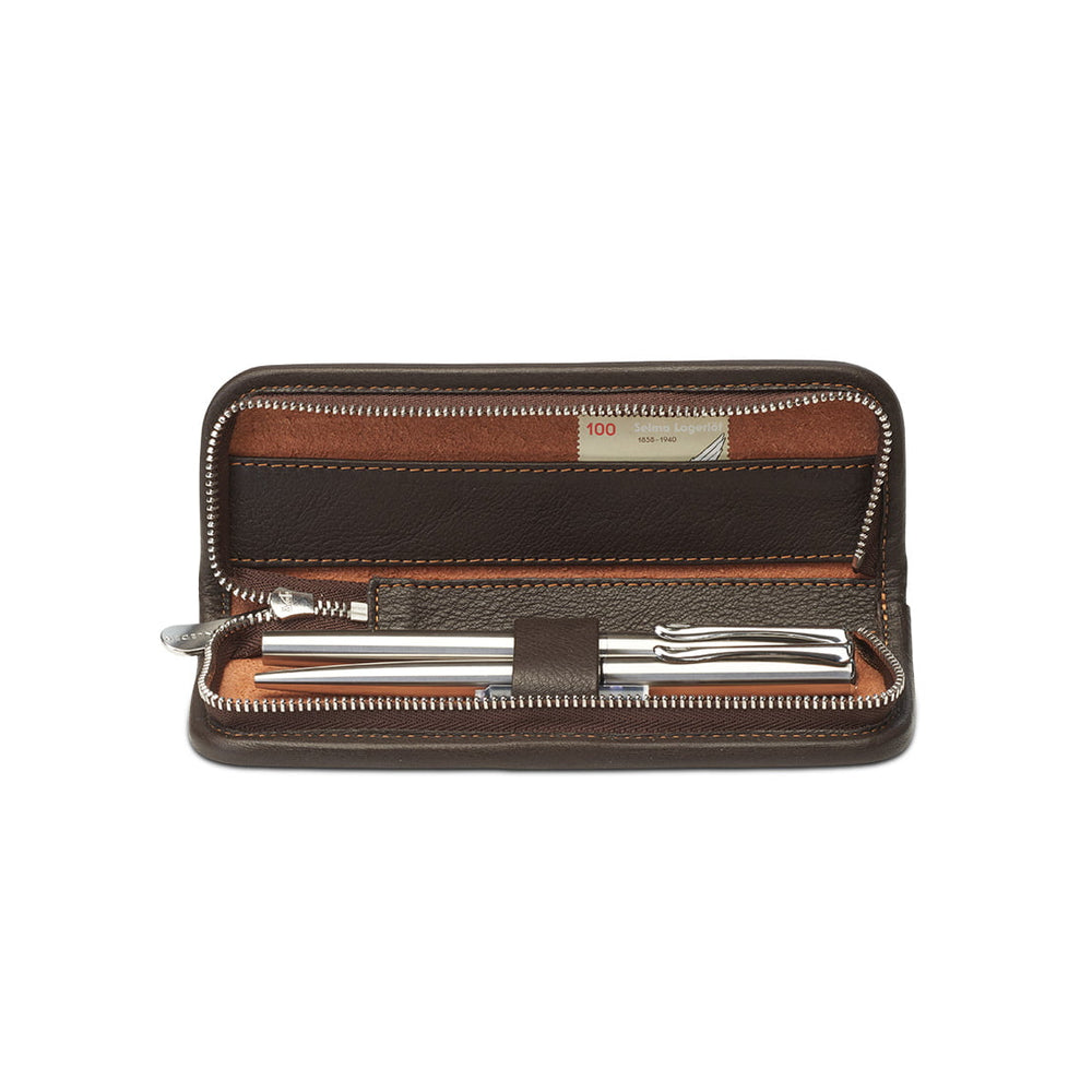Interior of Mocha Brown Sonnenleder Grass Leather Pen Case featuring 3 protective loops and a dark chocolate-toned leather accessory compartment.