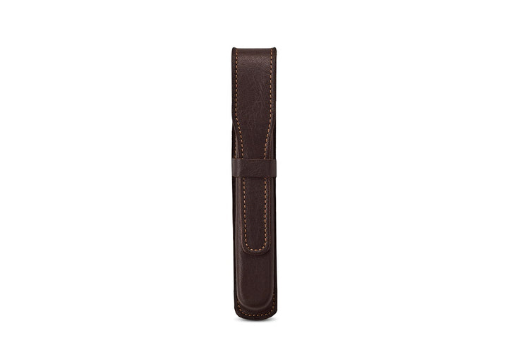 Front vertical view of the closed Sonnenleder Handke single pen case in Mocha Brown, showcasing the rich chocolate-toned leather, vibrant contrast stitching, and traditional wet-molded tuck-tab closure.
