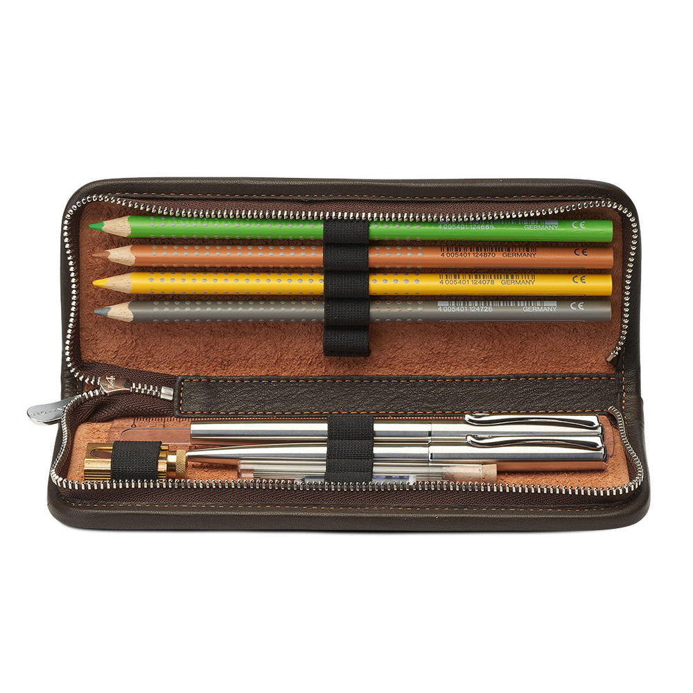 Interior view of the open Sonnenleder Lenz pencil case in Mocha Brown, showcasing the 9 secure loops, eraser loop, and a ruler inserted into the slot beneath the fountain pen loop.