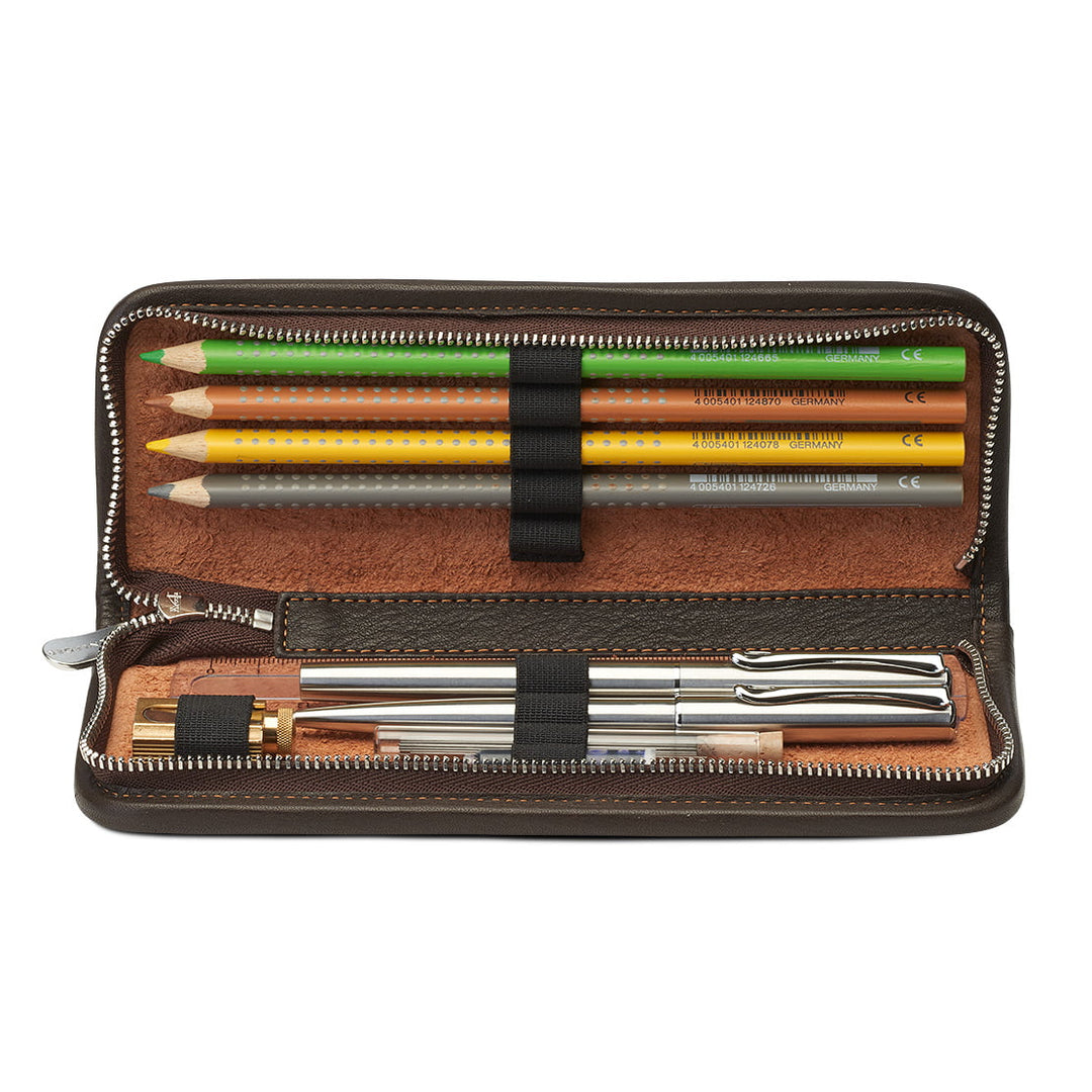 Interior view of the open Sonnenleder Lenz pencil case in Mocha Brown, showcasing the 9 secure loops, eraser loop, and a ruler inserted into the slot beneath the fountain pen loop.