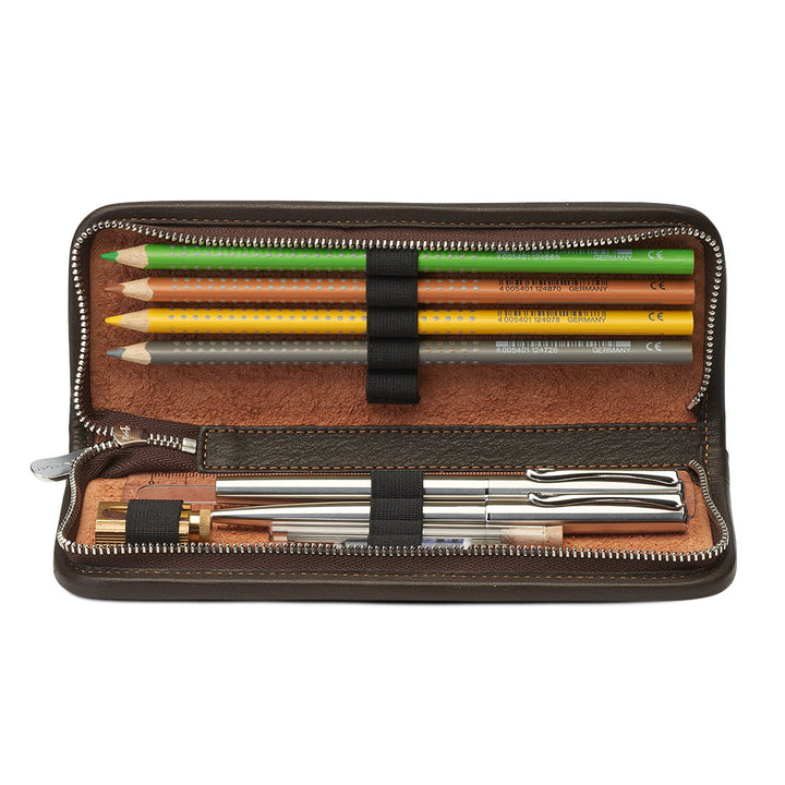 Interior view of the open Sonnenleder Lenz pencil case in Mocha Brown, showcasing the 9 secure loops, eraser loop, and a ruler inserted into the slot beneath the fountain pen loop.