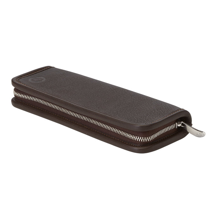 Angled profile of the closed Sonnenleder Lenz Leather Pencil Case in Mocha Brown, highlighting the wide 19cm heritage design and premium polished metal zipper.
