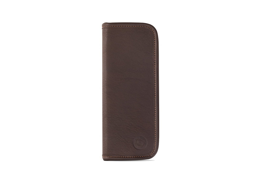 Front exterior view of the Sonnenleder Mörike Leather Pen Case in Mocha Brown, showcasing the rich chocolate tone of pit-tanned cowhide and the signature embossed sun logo.