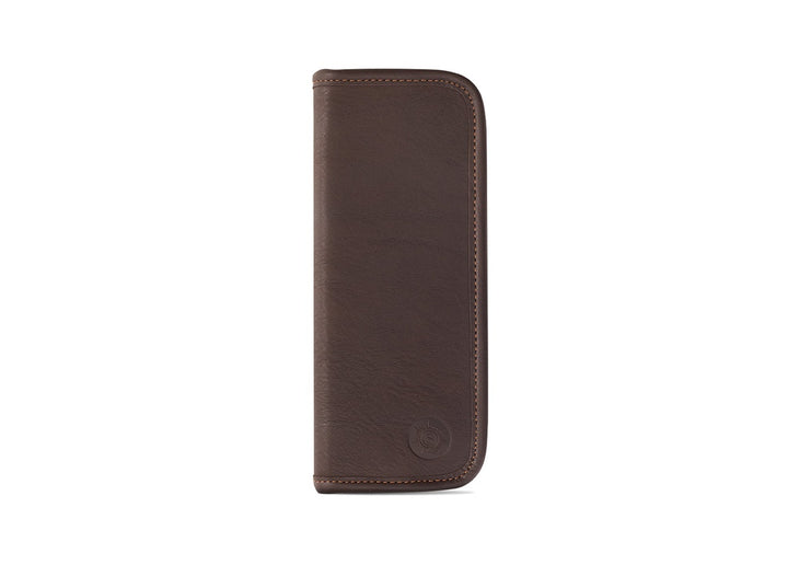 Front exterior view of the Sonnenleder Mörike Leather Pen Case in Mocha Brown, showcasing the rich chocolate tone of pit-tanned cowhide and the signature embossed sun logo.
