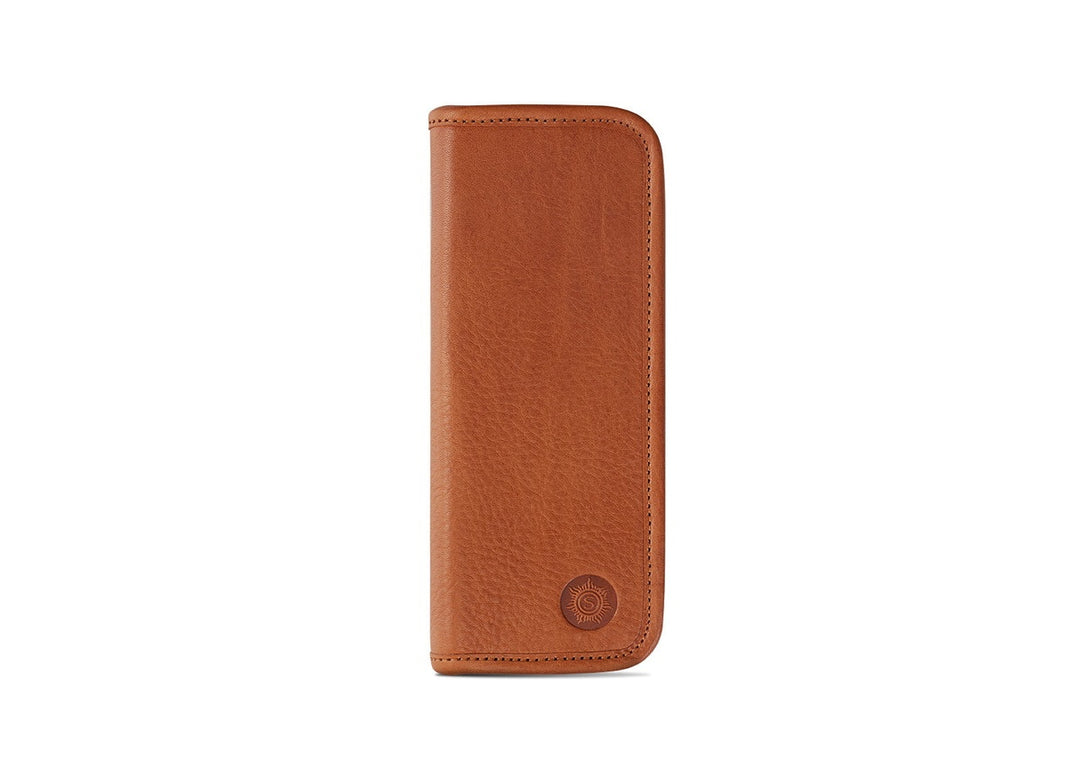 Front exterior view of the Sonnenleder Mörike Leather Pen Case in Natural, featuring the iconic "Old Germany" undyed vegetable-tanned cowhide and embossed sun logo.