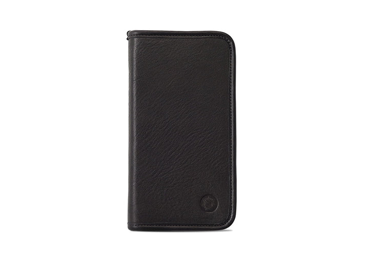 Front exterior view of the Sonnenleder Novalis Leather Pencil Case in Black, showcasing the deep matte-satin vegetable-tanned cowhide and signature embossed sun logo.