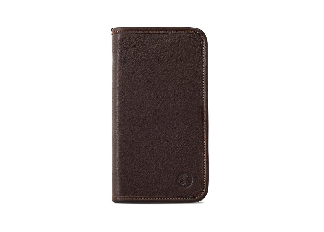 Front exterior view of the Sonnenleder Novalis Leather Pencil Case in Mocha Brown, featuring the rich chocolate tone of pit-tanned cowhide and the signature embossed sun logo.