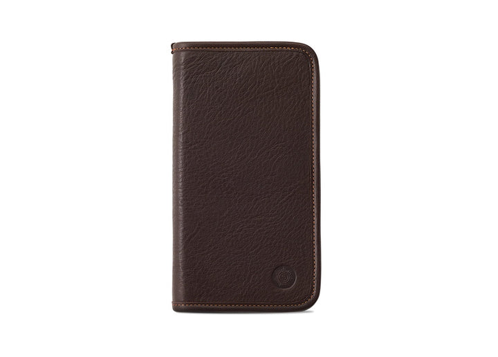 Front exterior view of the Sonnenleder Novalis Leather Pencil Case in Mocha Brown, featuring the rich chocolate tone of pit-tanned cowhide and the signature embossed sun logo.