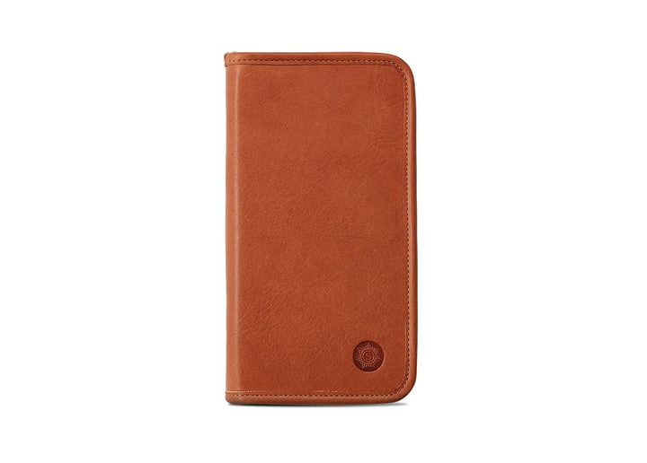 Front exterior view of the Sonnenleder Novalis Leather Pencil Case in Natural, featuring undyed vegetable-tanned cowhide and the signature embossed sun logo.