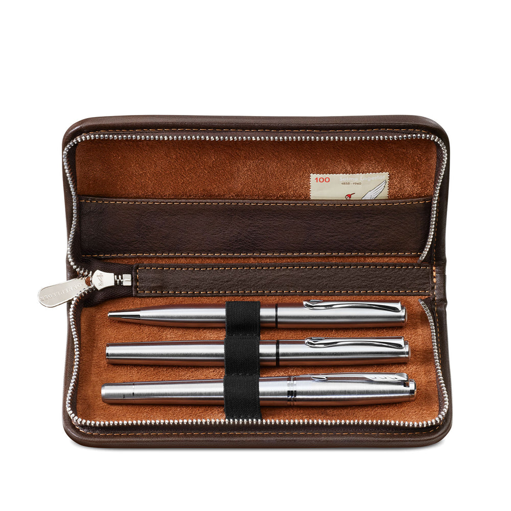 Interior view of the open Sonnenleder Walser leather pen case in Mocha Brown, showcasing the 3 dedicated woven loops securing large metal pens, and the integrated 14 cm leather accessory compartment.