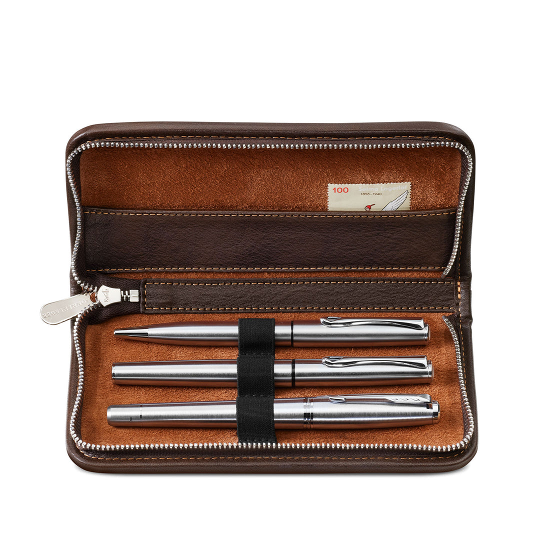Interior view of the open Sonnenleder Walser leather pen case in Mocha Brown, showcasing the 3 dedicated woven loops securing large metal pens, and the integrated 14 cm leather accessory compartment.