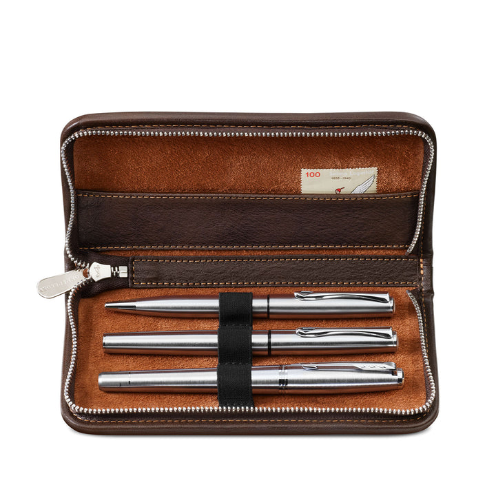 Interior view of the open Sonnenleder Walser leather pen case in Mocha Brown, showcasing the 3 dedicated woven loops securing large metal pens, and the integrated 14 cm leather accessory compartment.