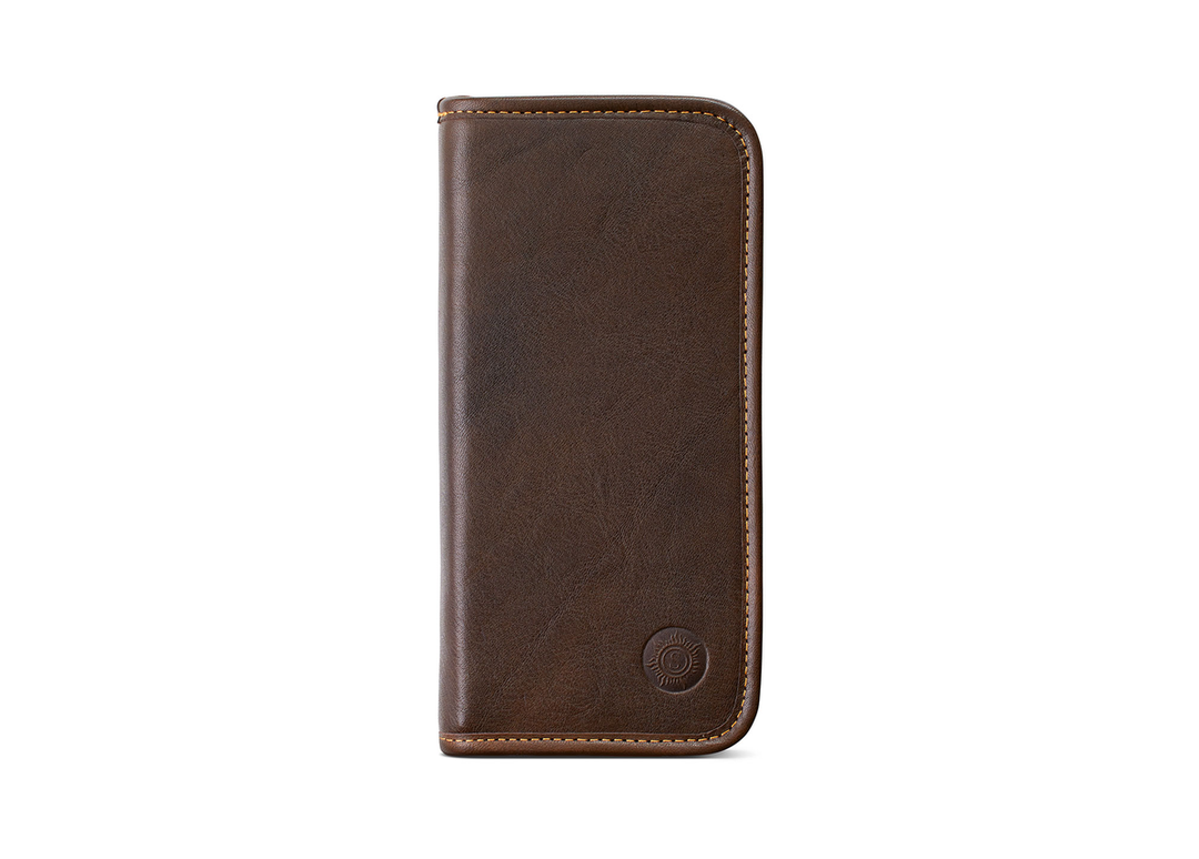 Front exterior view of the Sonnenleder Walser Leather Pen Case in Mocha Brown, featuring rich, deep chocolate pit-tanned cowhide, detailed contrast stitching, and the signature embossed sun logo.