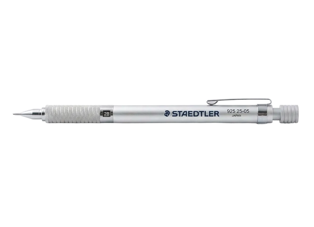 Staedtler 925 25 Mechanical Drafting Pencil in Silver Aluminum. Features a full metal body, knurled grip, and 4mm fixed sleeve for technical drawing. Made in Japan.