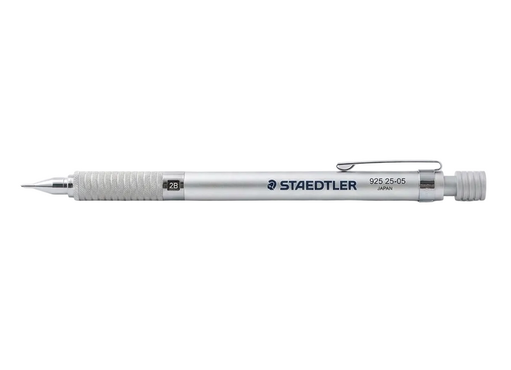 Staedtler 925 25 Mechanical Drafting Pencil in Silver Aluminum. Features a full metal body, knurled grip, and 4mm fixed sleeve for technical drawing. Made in Japan.
