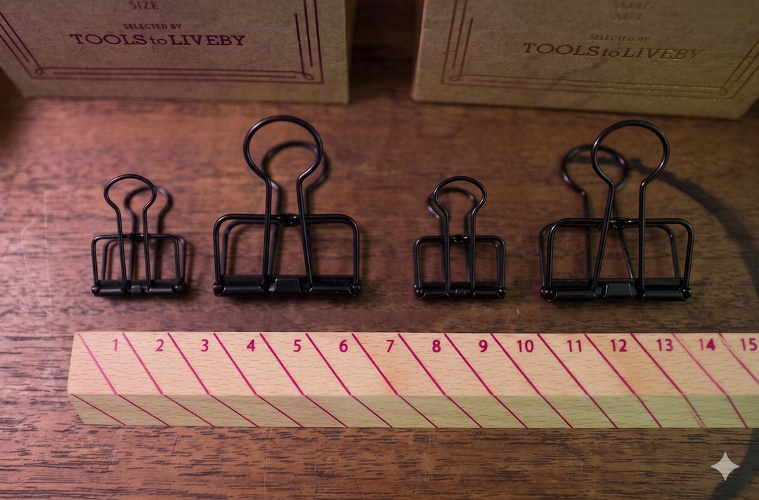 A horizontal lineup of four black TOOLS to LIVEBY skeleton binder clips arranged directly over a striped wooden ruler on a warm wood-grain desk surface, with blurred product boxes in the background.