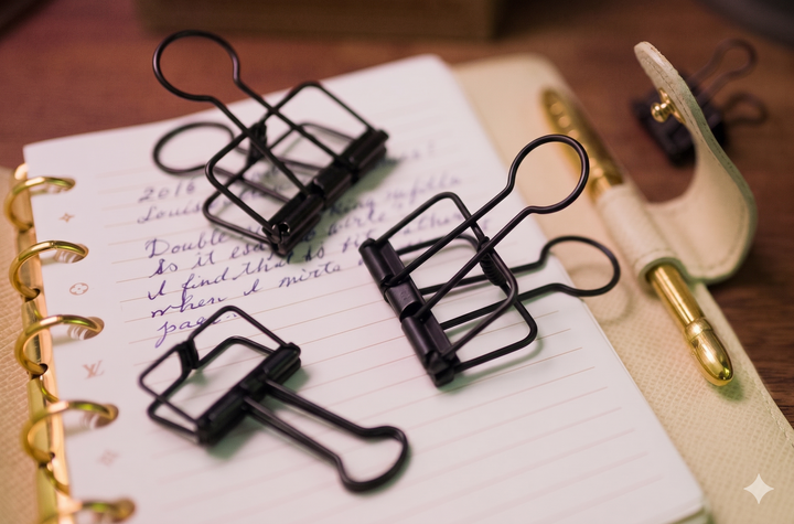 A close-up lifestyle photograph on a wooden desk showing an open, cream leather planner with lined pages and handwritten fountain pen script, with multiple matte black TOOLS to LIVEBY skeleton binder clips securing the pages next to a gold pen.