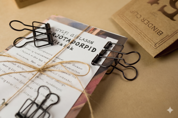 A detailed photograph on a kraft paper surface showing natural twine securing a stack of papers with an elaborate title page, clamped in place by multiple black TOOLS to LIVEBY skeleton binder clips, next to their vintage-style product box.