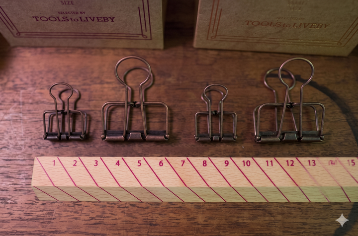 Four bronze TOOLS to LIVEBY Skeleton Binder Clips arranged by size on a dark wood desk above a striped wooden bookmark ruler.