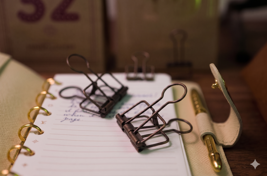 A warm, close-up lifestyle shot of bronze TOOLS to LIVEBY Skeleton Binder Clips clamping the pages of a premium leather planner next to a gold pen.