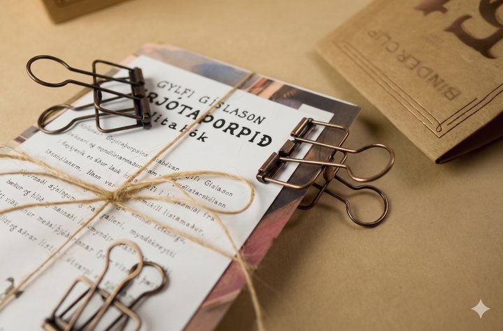 Macro shot of bronze TOOLS to LIVEBY Skeleton Binder Clips securing a rustic twine-bound document on a kraft paper surface, highlighting the antiqued metal finish.