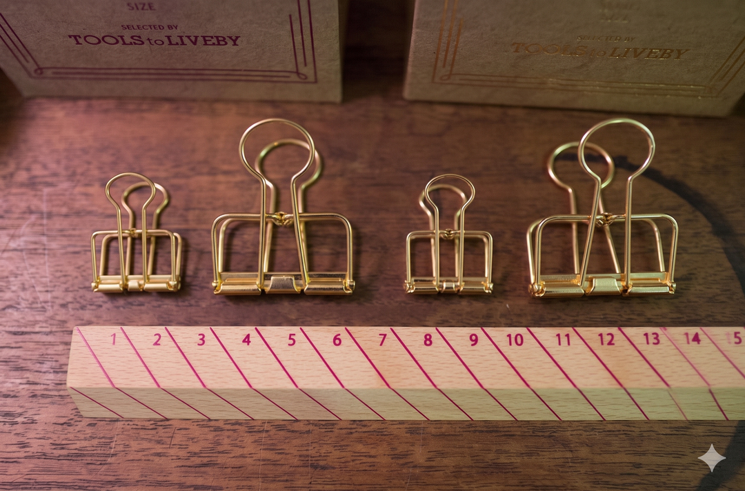 A horizontal lineup of four gold TOOLS to LIVEBY skeleton binder clips arranged by size above a stylish striped wooden ruler on a warm wood-grain desk surface.