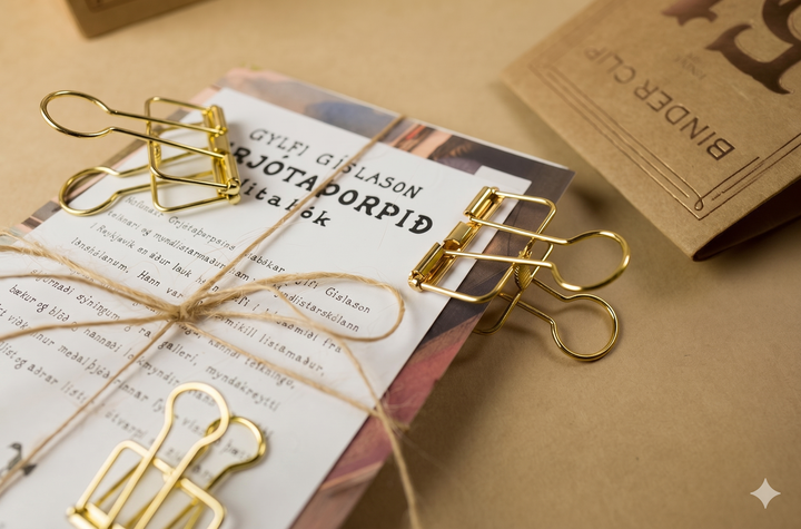 A beautifully styled analog flatlay featuring multiple gold TOOLS to LIVEBY skeleton binder clips securing a twine-bound document stack on a rustic kraft paper background.