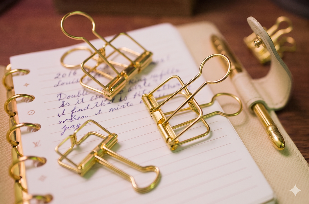 A close-up lifestyle photograph showing three gold TOOLS to LIVEBY skeleton binder clips clamping the lined pages of a cream leather planner, resting next to a premium gold pen on a wooden desk.