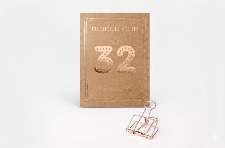 A medium 32mm TOOLS to LIVEBY Skeleton Binder Clip in elegant Rose Gold, standing before its premium kraft packaging that showcases a stylish foil-stamped '32' and brand typography.