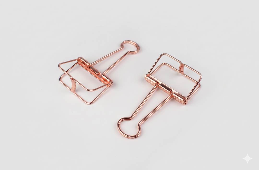 A top-down studio shot of two TOOLS to LIVEBY Rose Gold Skeleton Binder Clips, revealing the distinctive architectural wireframe design and spring steel mechanism from different angles against a crisp white background.