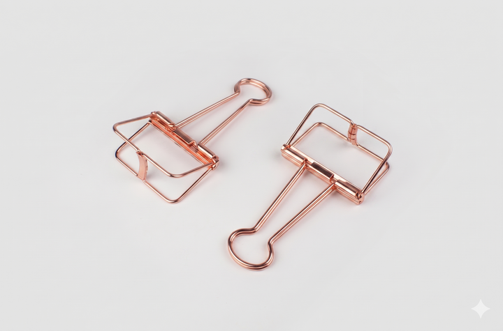 A top-down studio shot of two TOOLS to LIVEBY Rose Gold Skeleton Binder Clips, revealing the distinctive architectural wireframe design and spring steel mechanism from different angles against a crisp white background.