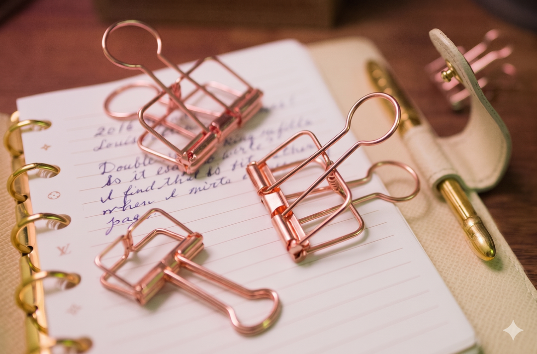 Three delicate Rose Gold TOOLS to LIVEBY Skeleton Binder Clips holding pages open in a premium cream leather six-ring planner, highlighting how the see-through wire clips allow the lined paper text to remain visible.