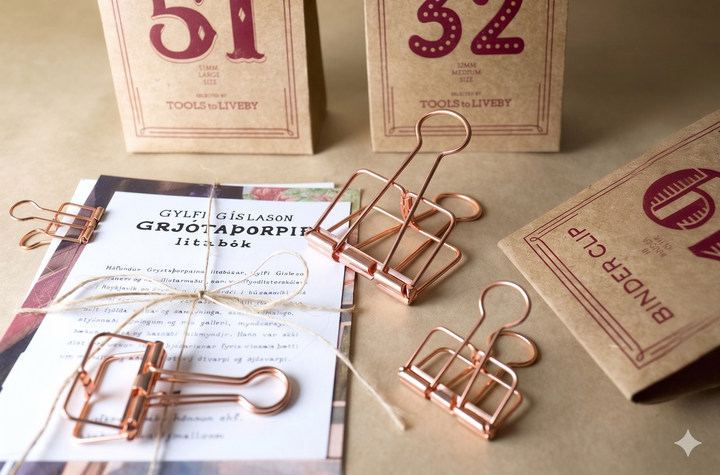 An evocative analog stationery flatlay showing various sizes of Rose Gold TOOLS to LIVEBY Skeleton Binder Clips on a kraft paper surface, securing a twine-bound document bundle alongside their distinctively designed vintage packaging.