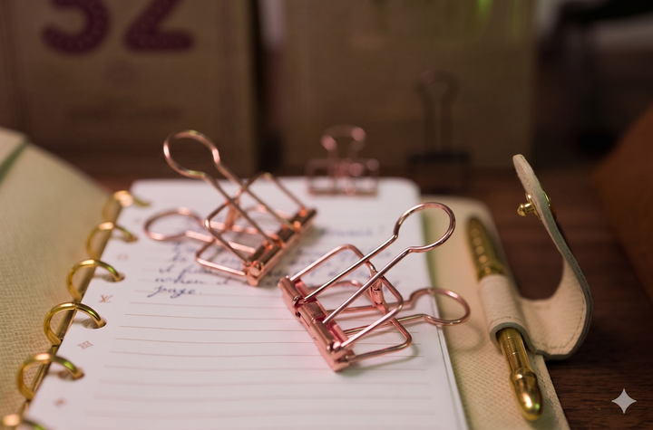 A warm, close-up lifestyle photograph of two Rose Gold TOOLS to LIVEBY Skeleton Binder Clips clamping lined notebook pages within a luxurious cream leather planner, emphasizing the sleek wire profile and premium metallic luster.
