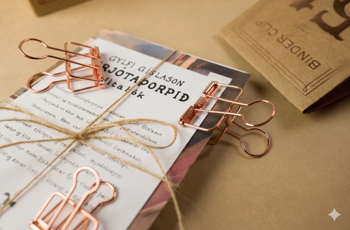 A macro shot capturing the tactile textures of two Rose Gold TOOLS to LIVEBY Skeleton Binder Clips securing a rustic document bundle tied with natural jute twine, showcasing the precision-crafted wire design and durable hold on textured paper.
