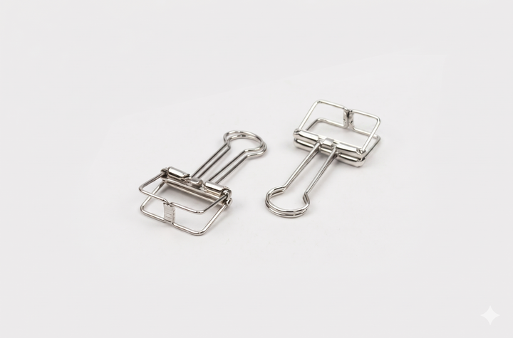 A top-down studio shot of two silver TOOLS to LIVEBY skeleton binder clips lying flat on a white surface, clearly displaying the sleek wireframe design and durable spring steel construction.