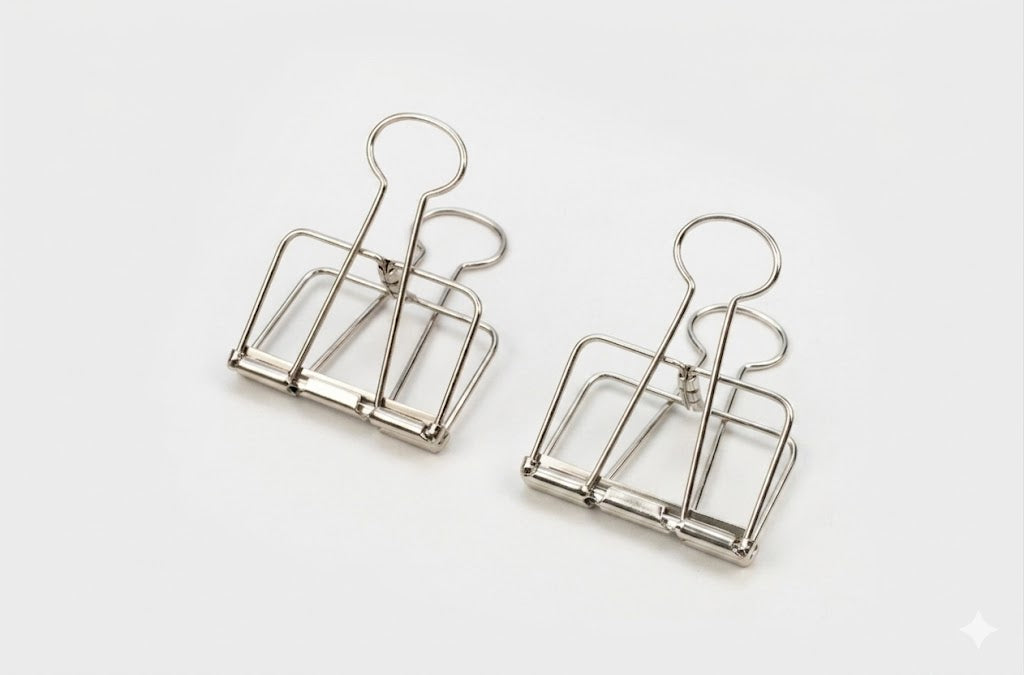 Two silver TOOLS to LIVEBY skeleton binder clips standing upright on their bases against a clean white background, showcasing the hollow see-through wire silhouette.
