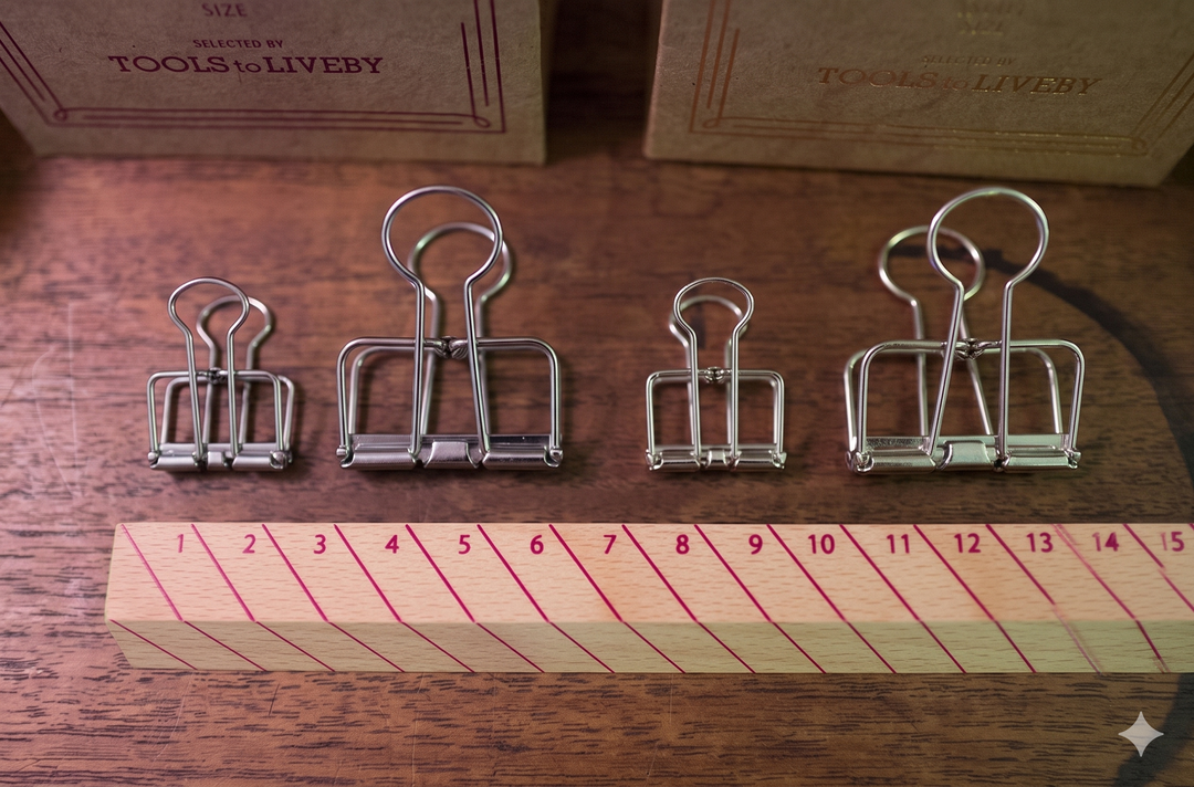 A horizontal lineup of four silver TOOLS to LIVEBY skeleton binder clips arranged by size above a stylish striped wooden ruler on a warm wood-grain desk surface.