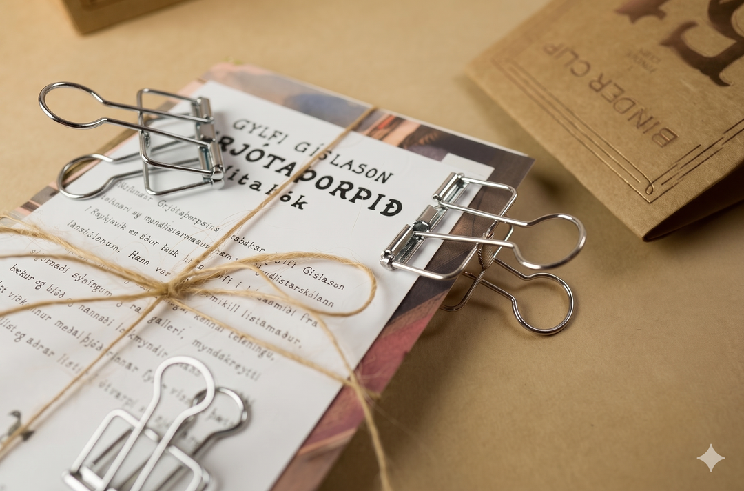 A beautifully styled analog flatlay featuring multiple silver TOOLS to LIVEBY skeleton binder clips securing a twine-bound document stack on a rustic kraft paper background.